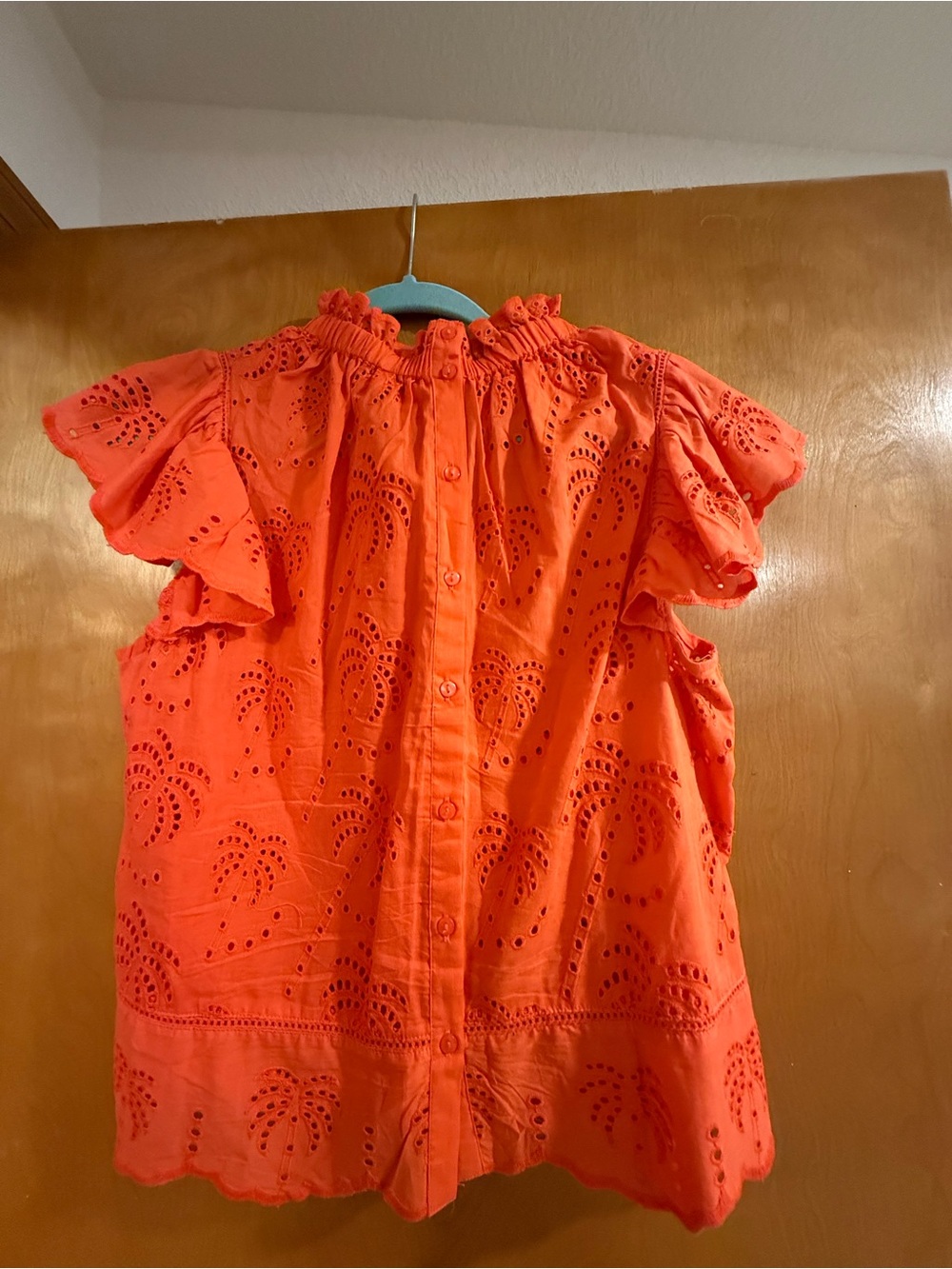 Women’s Eyelet Ruffle Sleeve Top - Coral - Picture 2 of 3